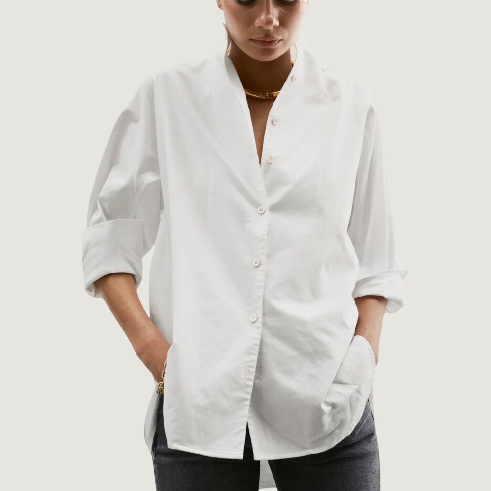 AYR The Tate Shirt Large White Cotton Oxford Stand Collar Oversized Minimalist - Picture 1 of 16